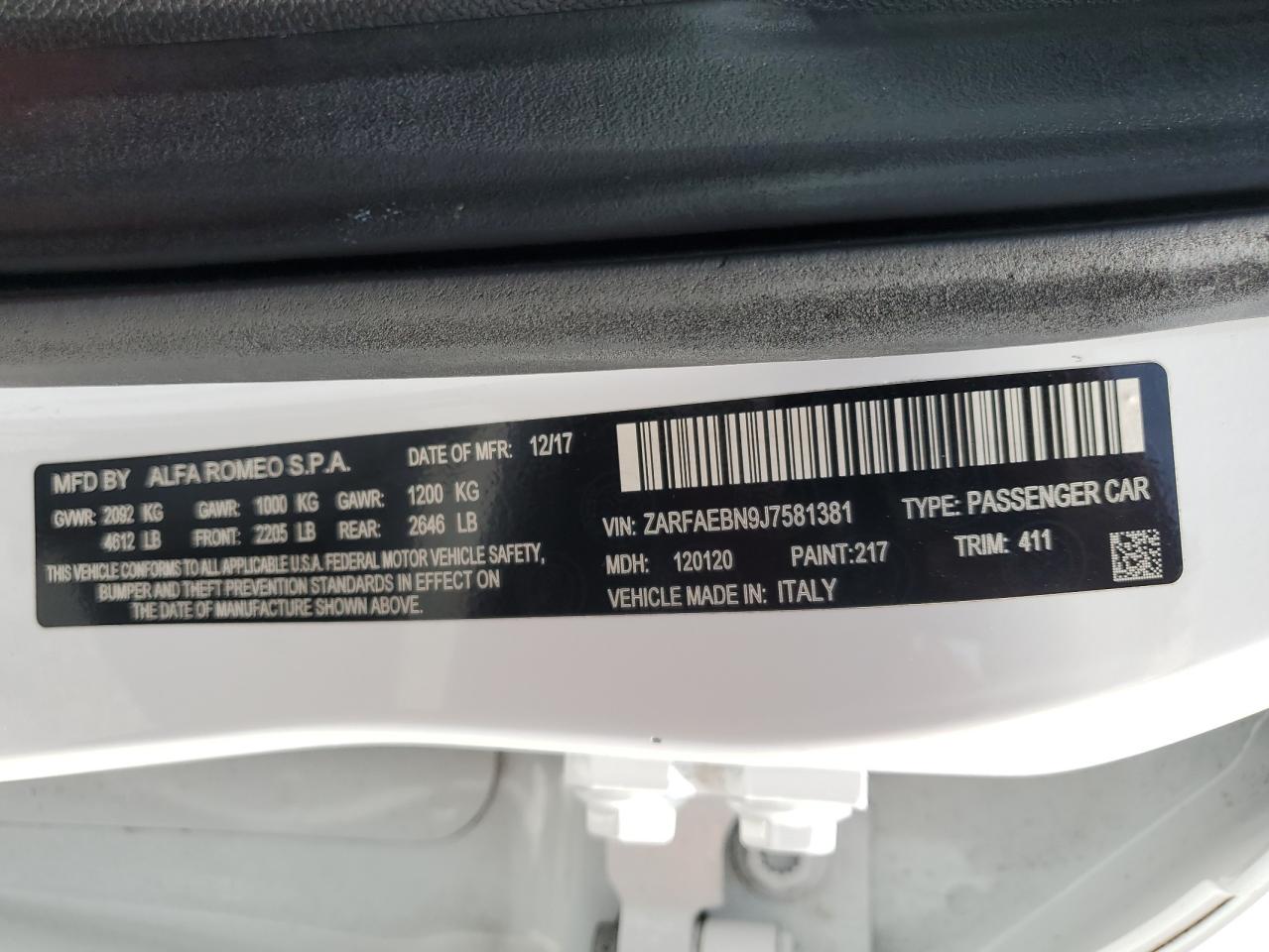 2018 Alfa Romeo Giulia VIN: ZARFAEBN9J7581381 Lot: 55463815
