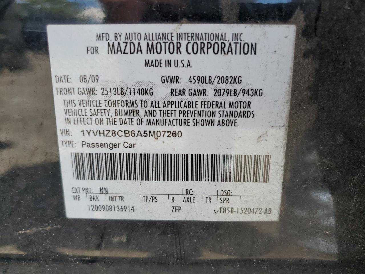 2010 Mazda 6 S VIN: 1YVHZ8CB6A5M07260 Lot: 55334865