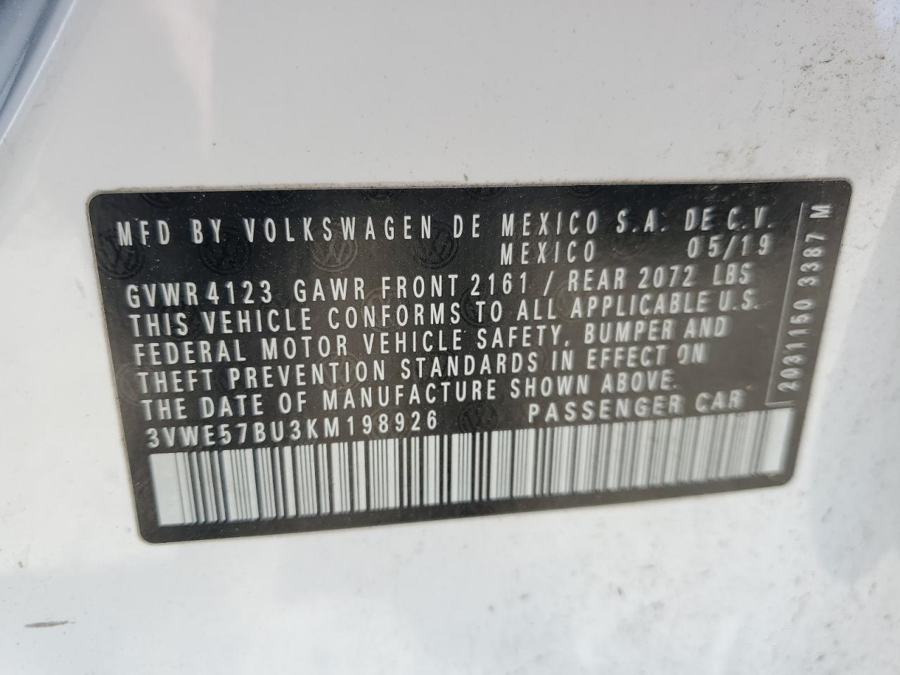 2019 Volkswagen Jetta Sel VIN: 3VWE57BU3KM198926 Lot: 57618605