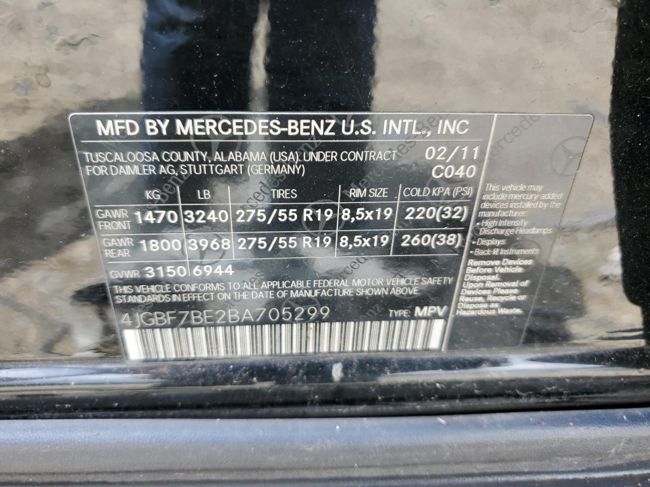 2011 Mercedes-Benz Gl 450 4Matic VIN: 4JGBF7BE2BA705299 Lot: 56775655