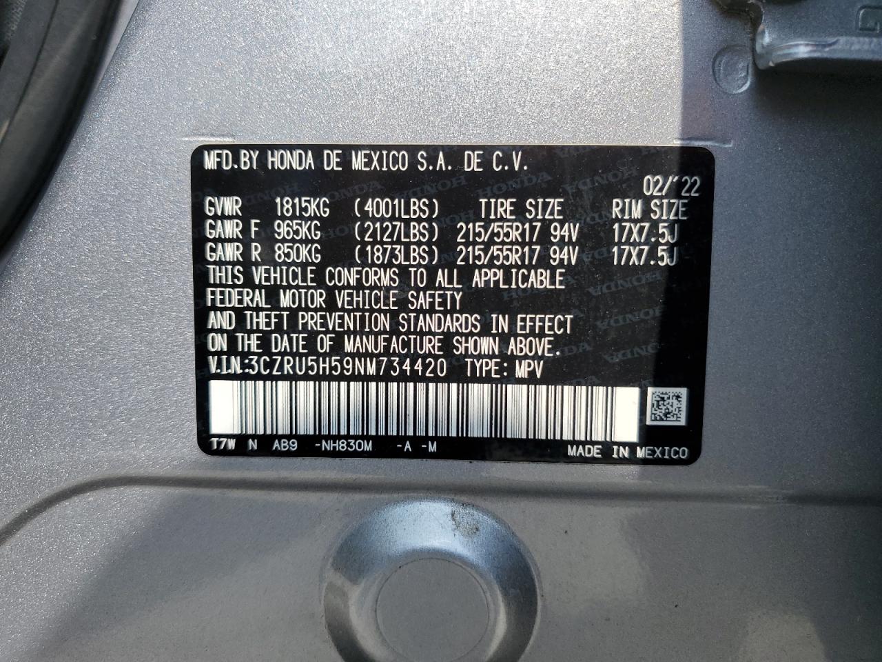 2022 Honda Hr-V Ex VIN: 3CZRU5H59NM734420 Lot: 56995495