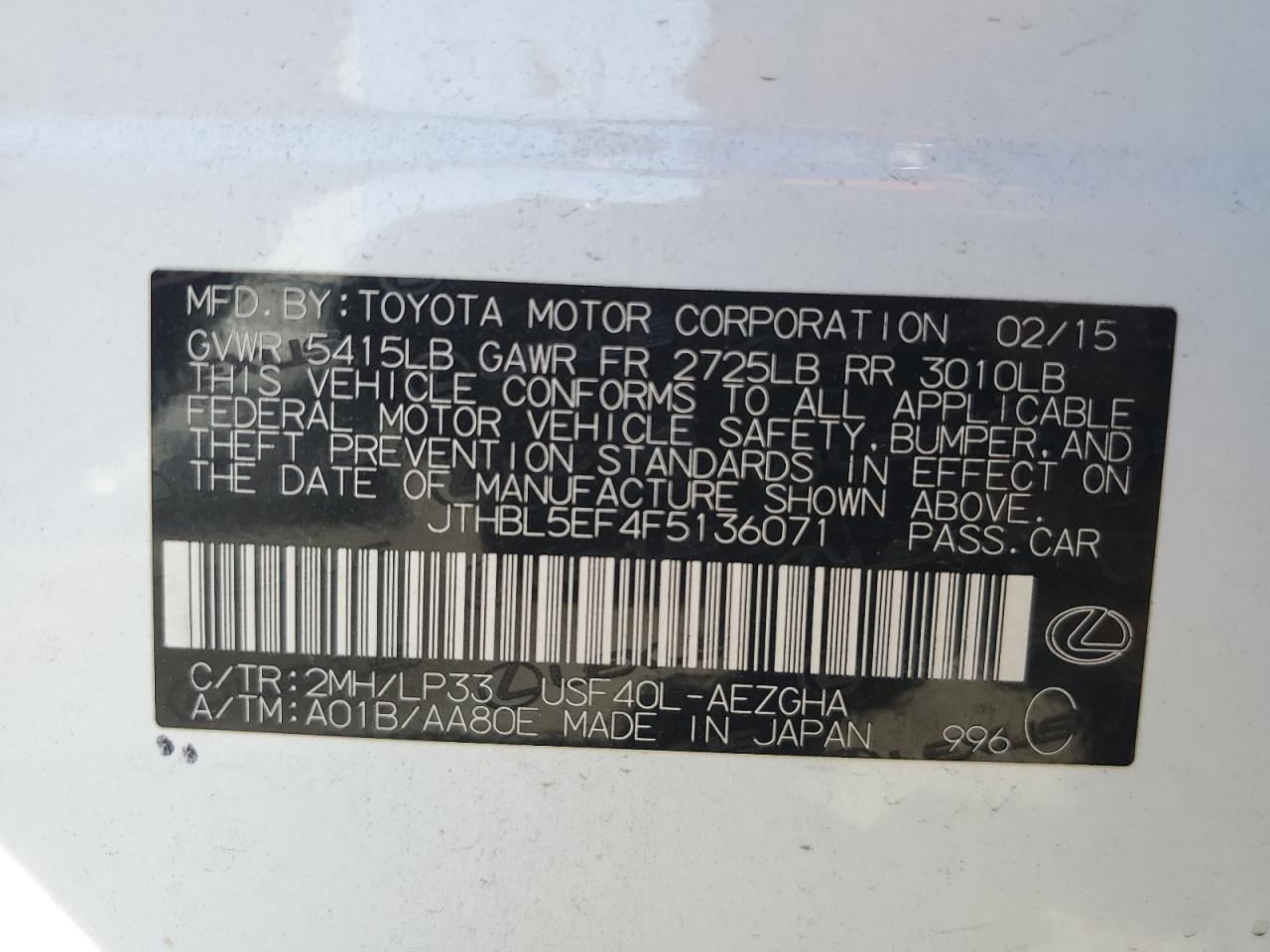 2015 Lexus Ls 460 VIN: JTHBL5EF4F5136071 Lot: 56208085