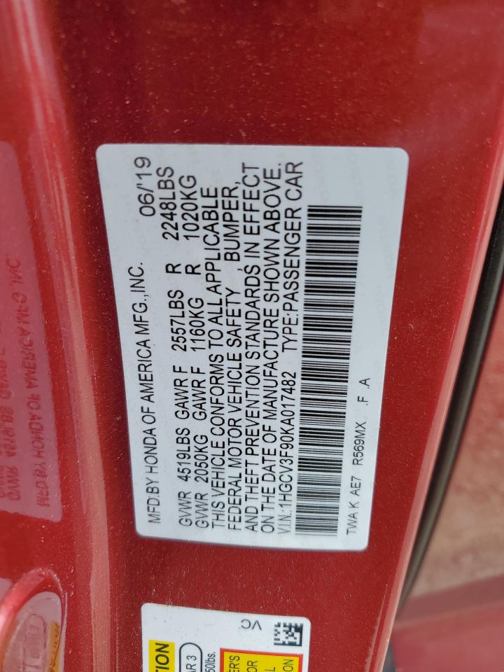 2019 Honda Accord Touring Hybrid VIN: 1HGCV3F90KA017482 Lot: 56480855