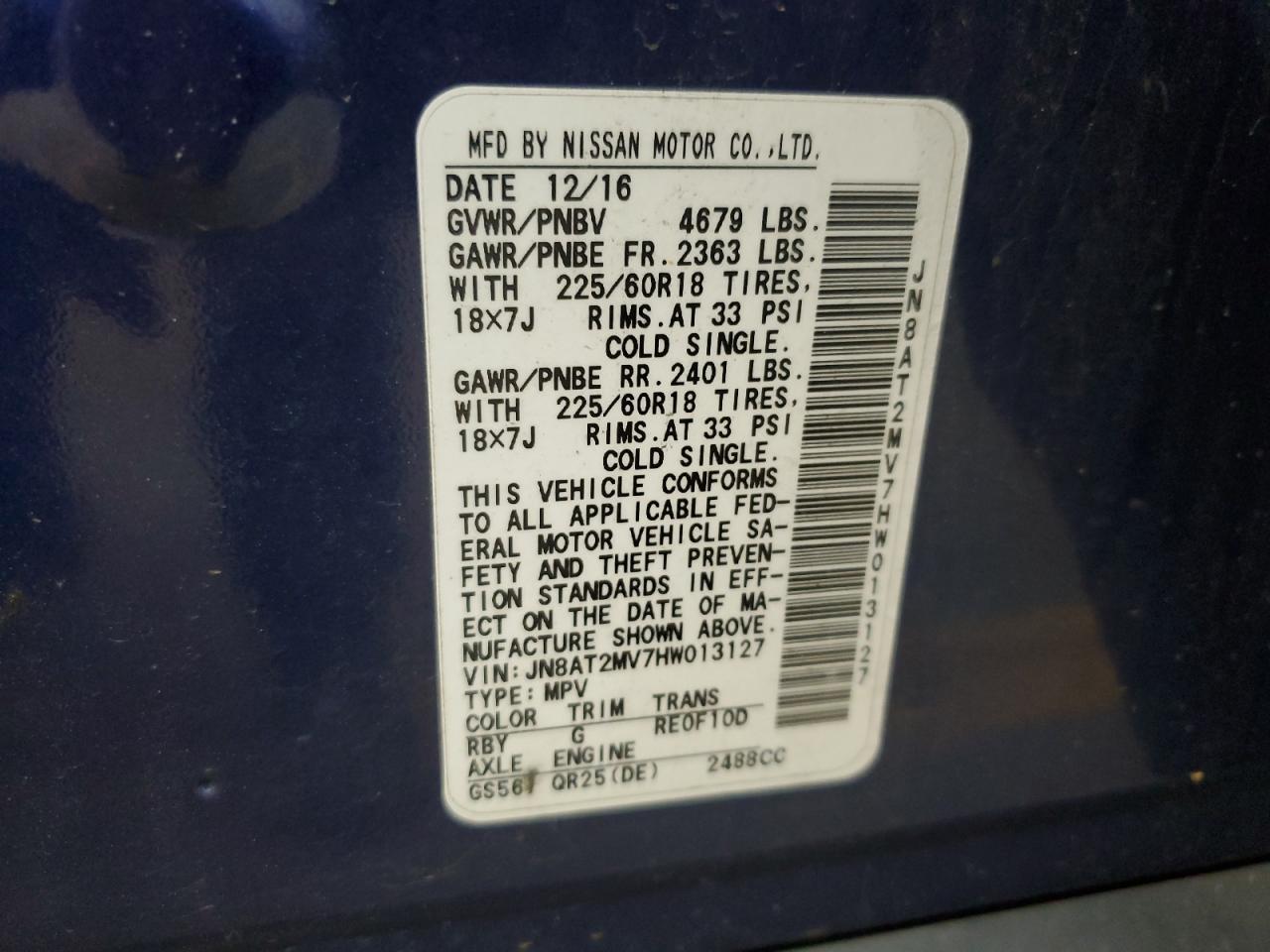 2017 Nissan Rogue S VIN: JN8AT2MV7HW013127 Lot: 56920665