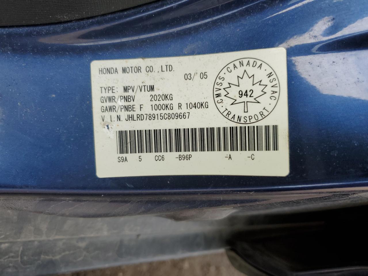 2005 Honda Cr-V Se VIN: JHLRD78915C809667 Lot: 55510185