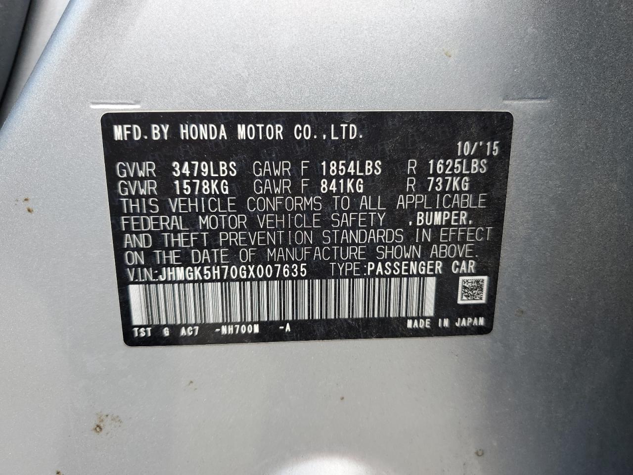 2016 Honda Fit Ex VIN: JHMGK5H70GX007635 Lot: 56768495
