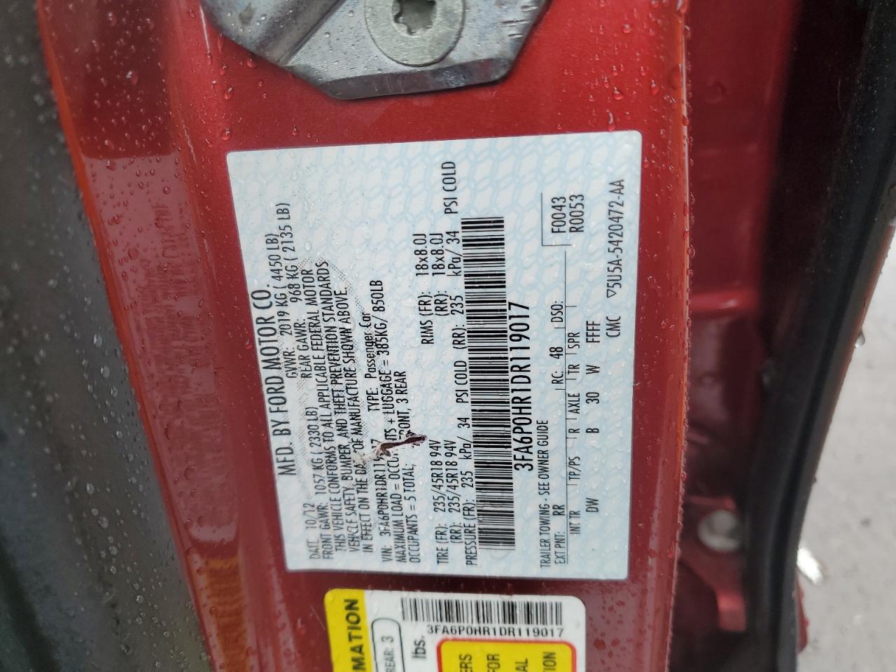 2013 Ford Fusion Se VIN: 3FA6P0HR1DR119017 Lot: 56912135
