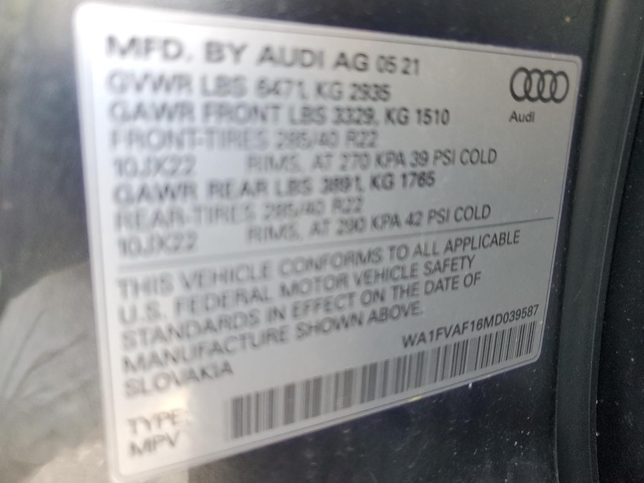 2021 Audi Q8 Prestige S-Line VIN: WA1FVAF16MD039587 Lot: 56030345