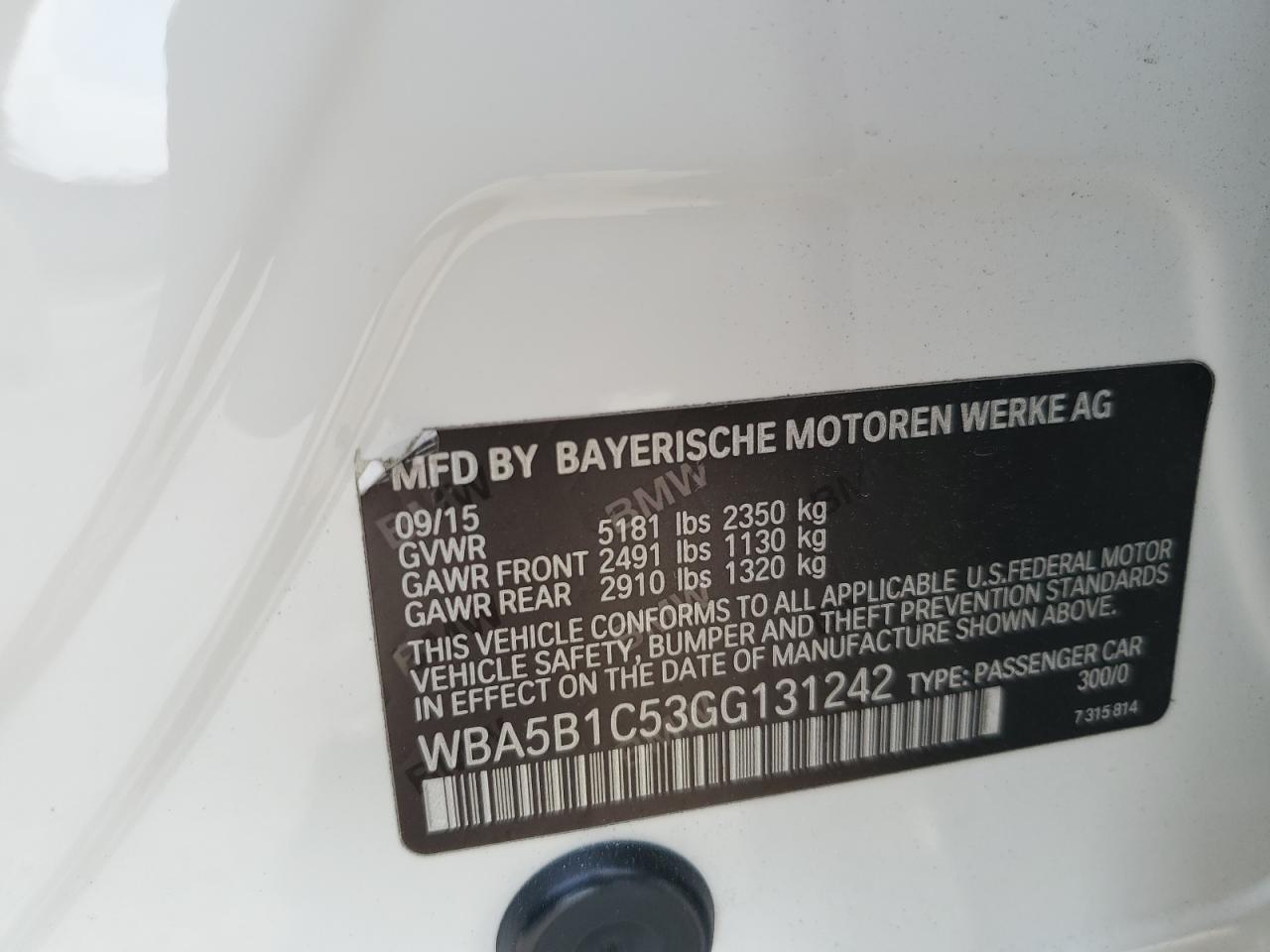 2016 BMW 535 I VIN: WBA5B1C53GG131242 Lot: 55257485