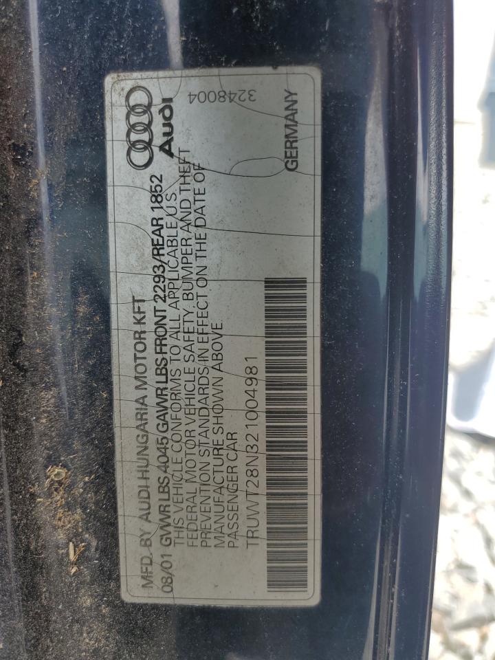 2002 Audi Tt Quattro VIN: TRUWT28N321004981 Lot: 57914595