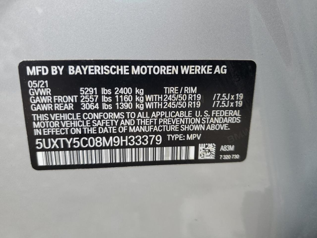 2021 BMW X3 xDrive30I VIN: 5UXTY5C08M9H33379 Lot: 56396815