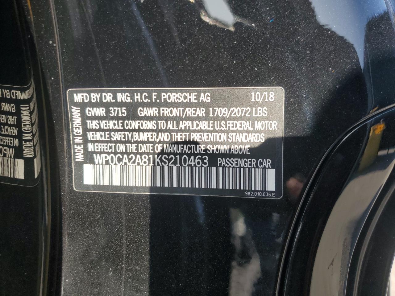 2019 Porsche Boxster Base VIN: WP0CA2A81KS210463 Lot: 57274135