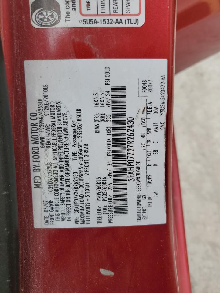 2007 Ford Fusion Se VIN: 3FAHP07Z27R262430 Lot: 57114295