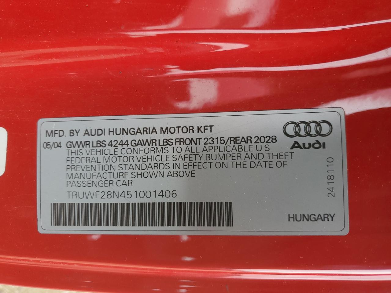 2005 Audi Tt 3.2 Quattro VIN: TRUWF28N451001406 Lot: 55391845
