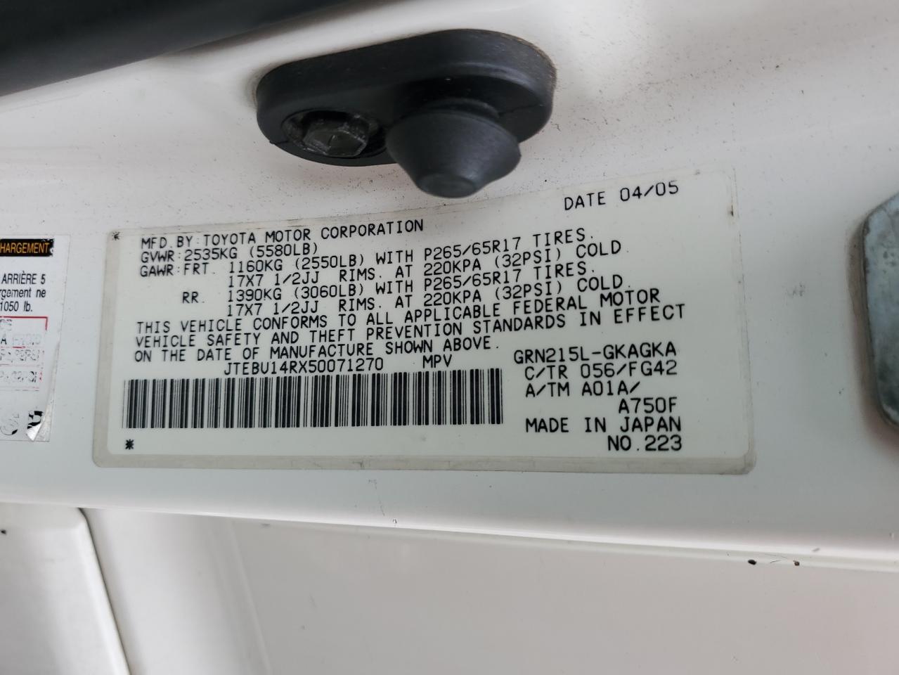 2005 Toyota 4Runner Sr5 VIN: JTEBU14RX50071270 Lot: 57030285