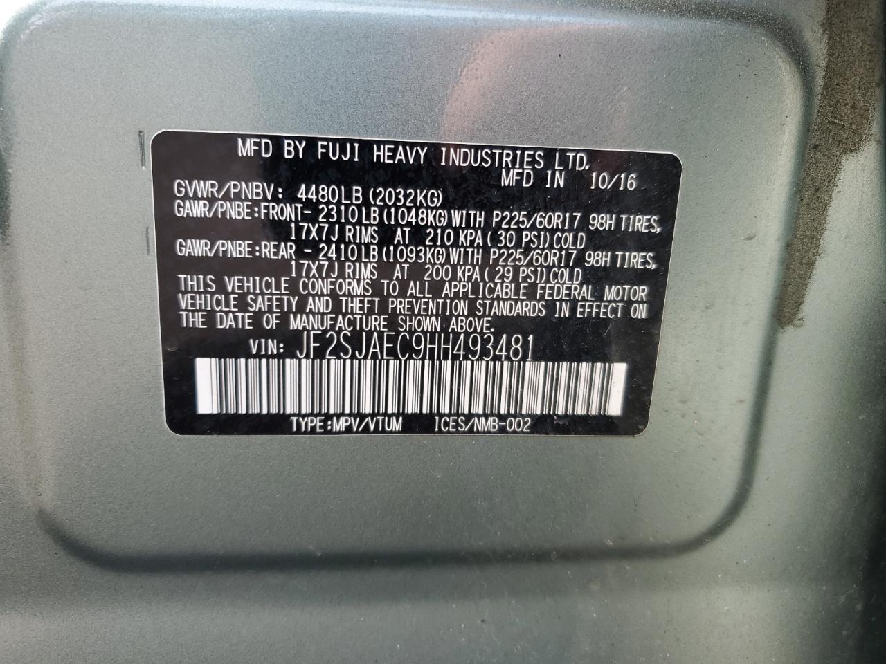 2017 Subaru Forester 2.5I Premium VIN: JF2SJAEC9HH493481 Lot: 57912655