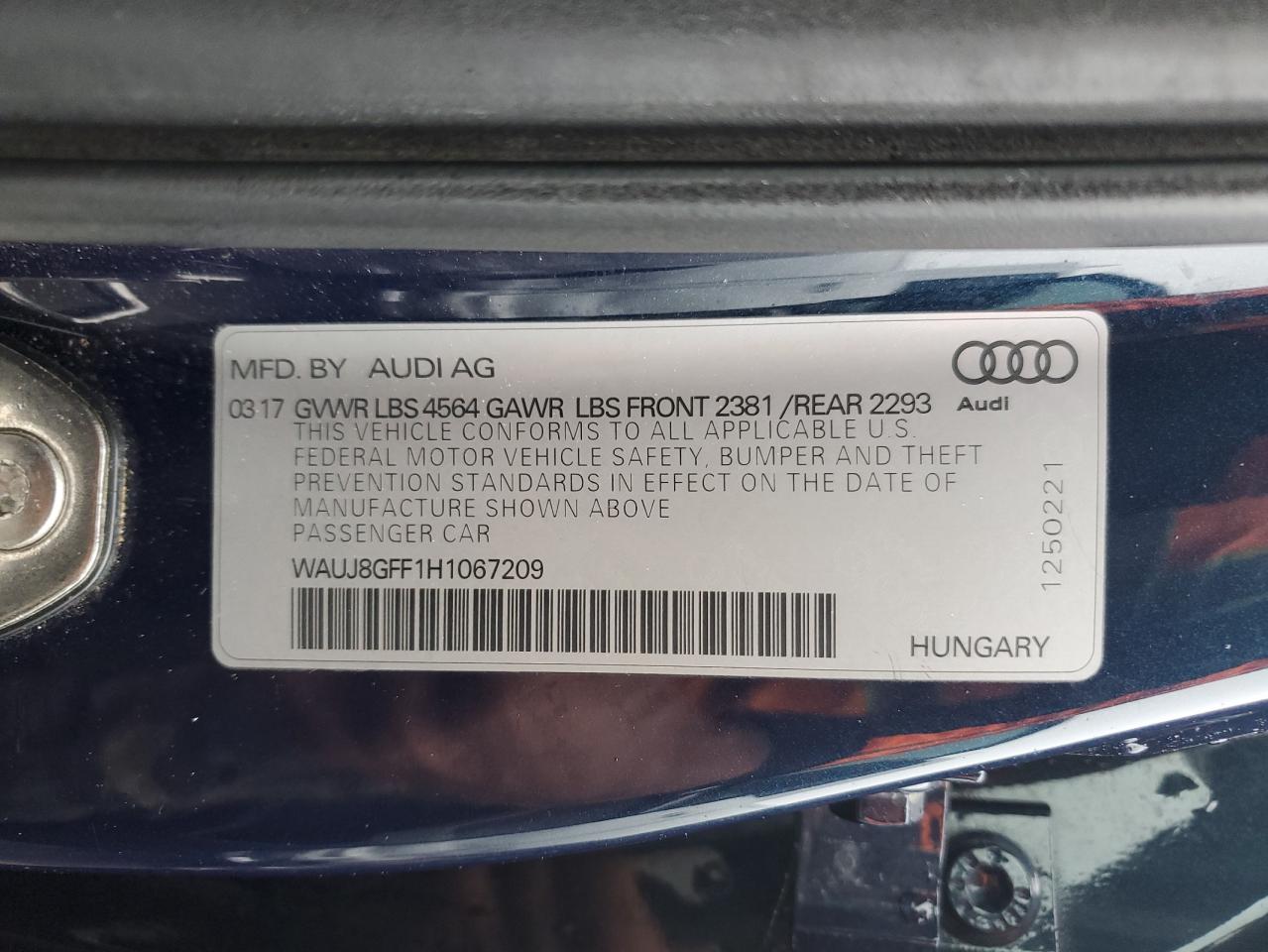 2017 Audi A3 Premium Plus VIN: WAUJ8GFF1H1067209 Lot: 56698775
