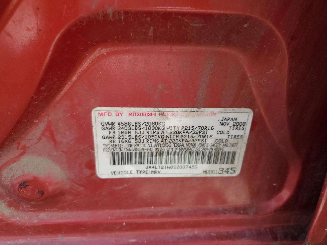 2009 Mitsubishi Outlander Es VIN: JA4LT21W89Z007459 Lot: 55044815