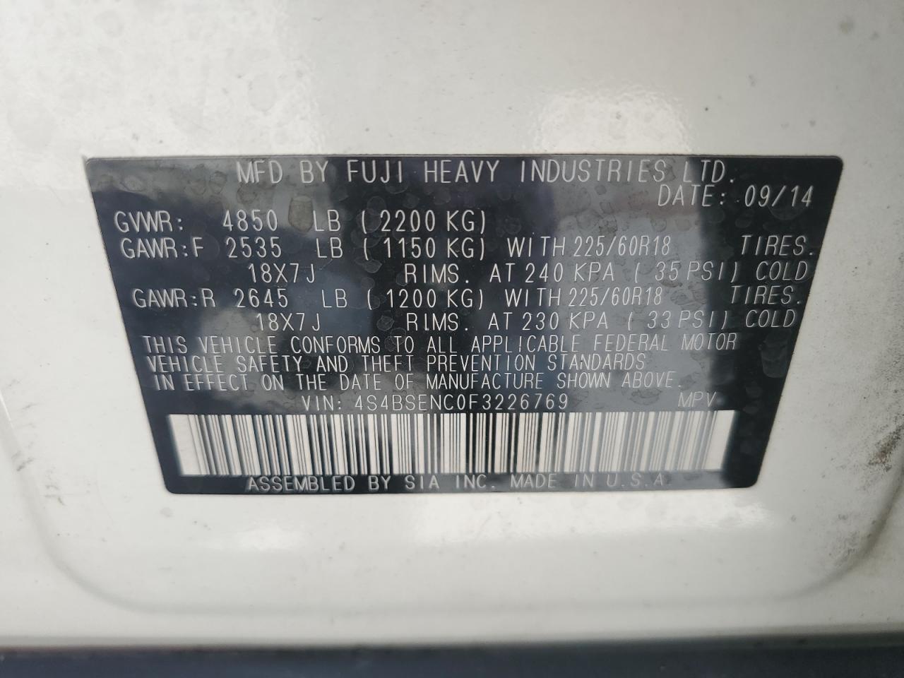 2015 Subaru Outback 3.6R Limited VIN: 4S4BSENC0F3226769 Lot: 56842285