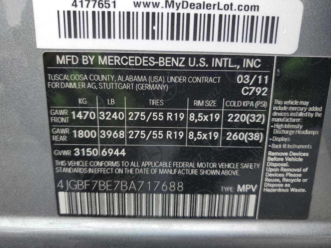 2011 Mercedes-Benz Gl 450 4Matic VIN: 4JGBF7BE7BA717688 Lot: 55610645