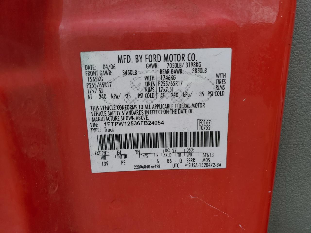 2006 Ford F150 Supercrew VIN: 1FTPW12536FB24054 Lot: 57057025