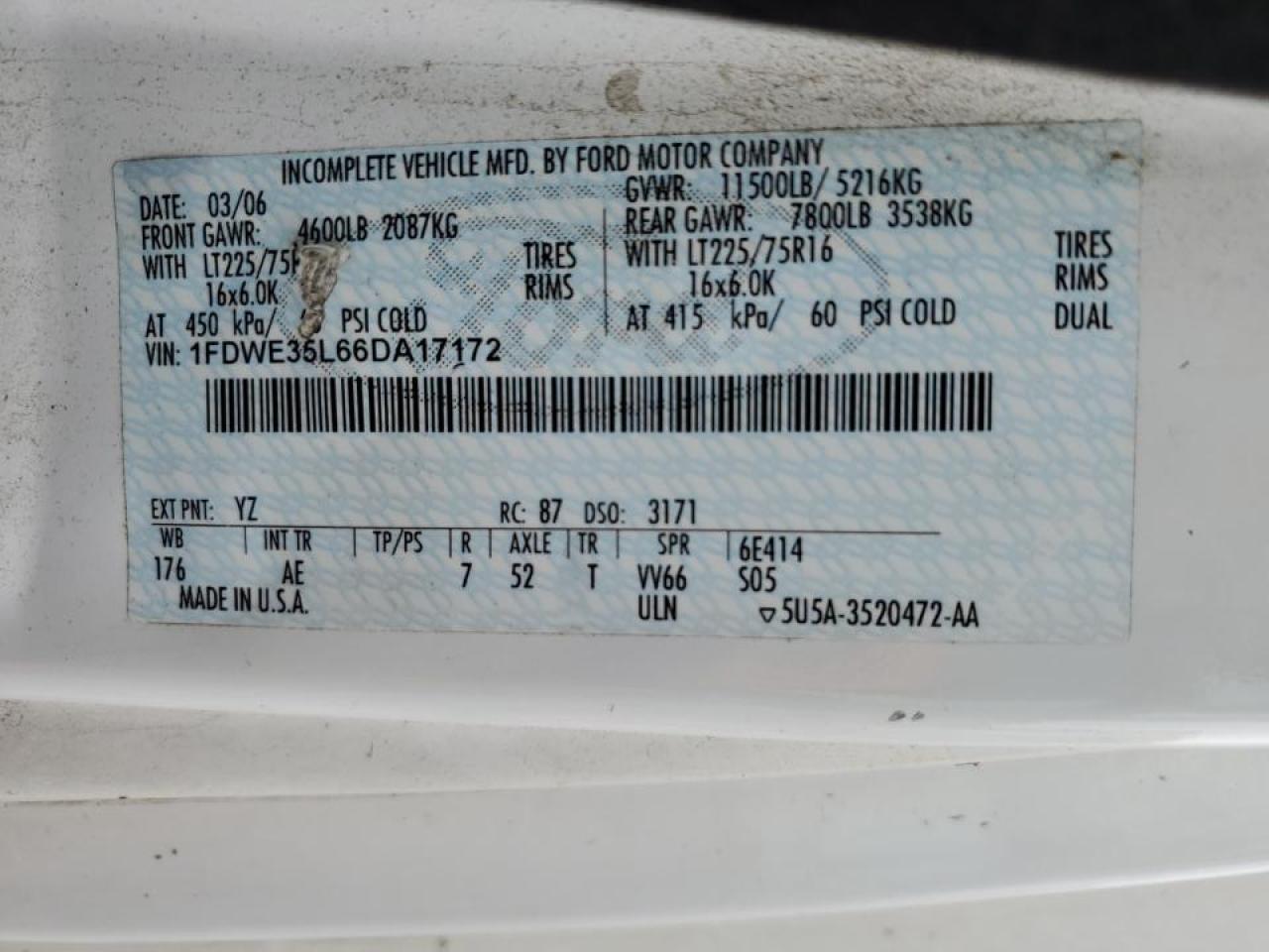 2006 Ford Econoline E350 Super Duty Cutaway Van VIN: 1FDWE35L66DA17172 Lot: 66619894