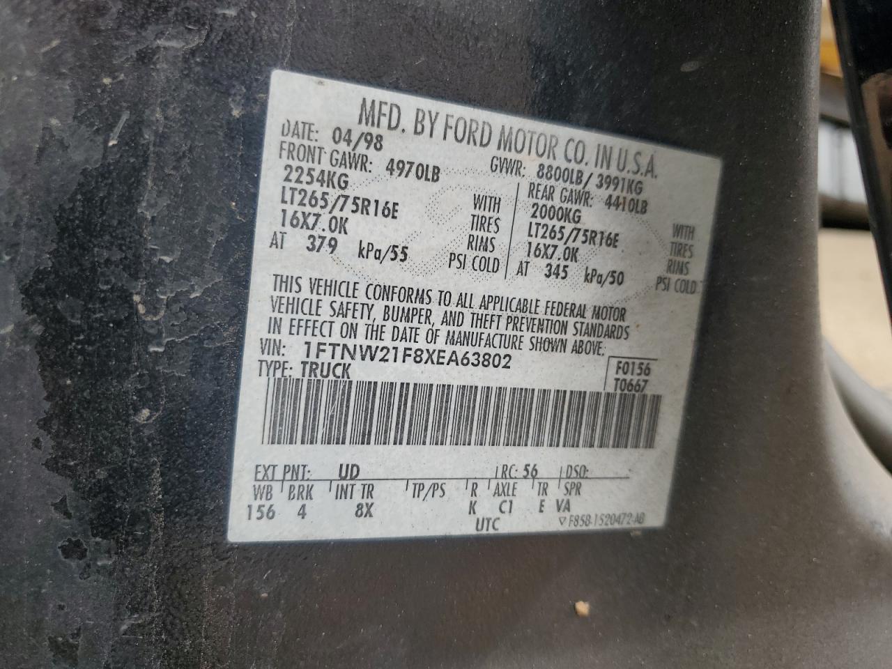 1999 Ford F250 Super Duty VIN: 1FTNW21F8XEA63802 Lot: 56204365