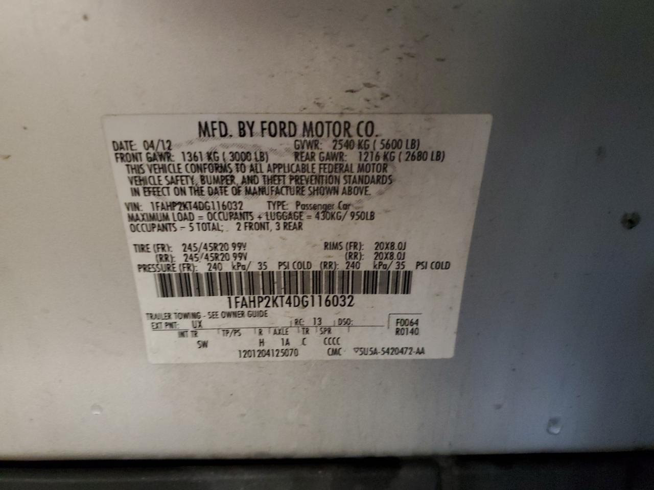 2013 Ford Taurus Sho VIN: 1FAHP2KT4DG116032 Lot: 57106125
