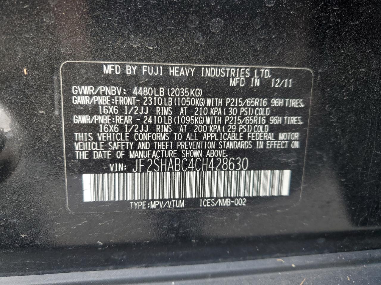 2012 Subaru Forester 2.5X VIN: JF2SHABC4CH428630 Lot: 56360965