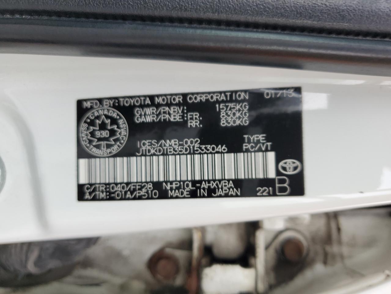 2013 Toyota Prius C VIN: JTDKDTB35D1533046 Lot: 55759445