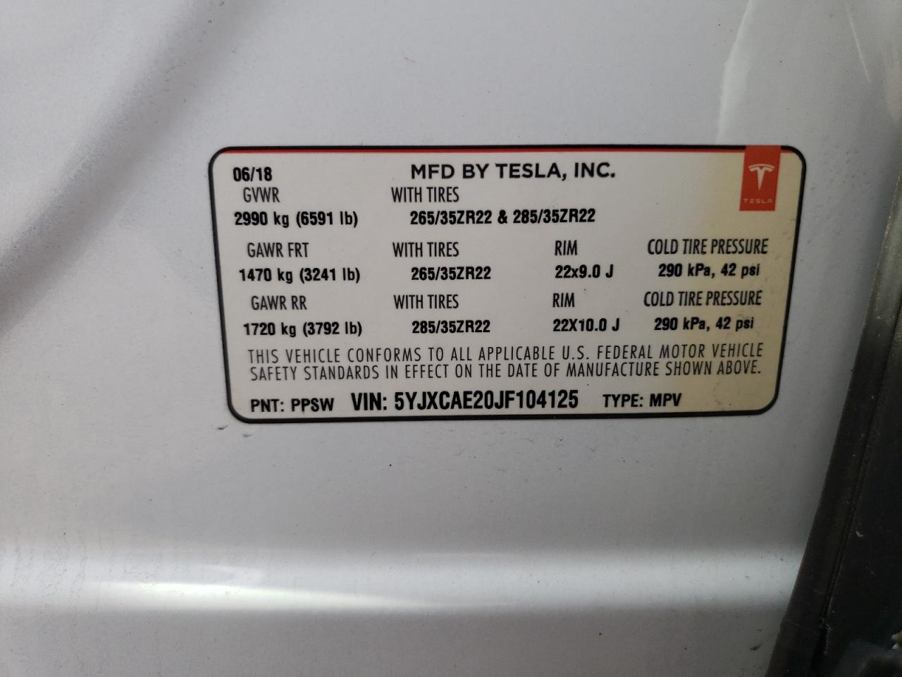 2018 Tesla Model X VIN: 5YJXCAE20JF104125 Lot: 55941535