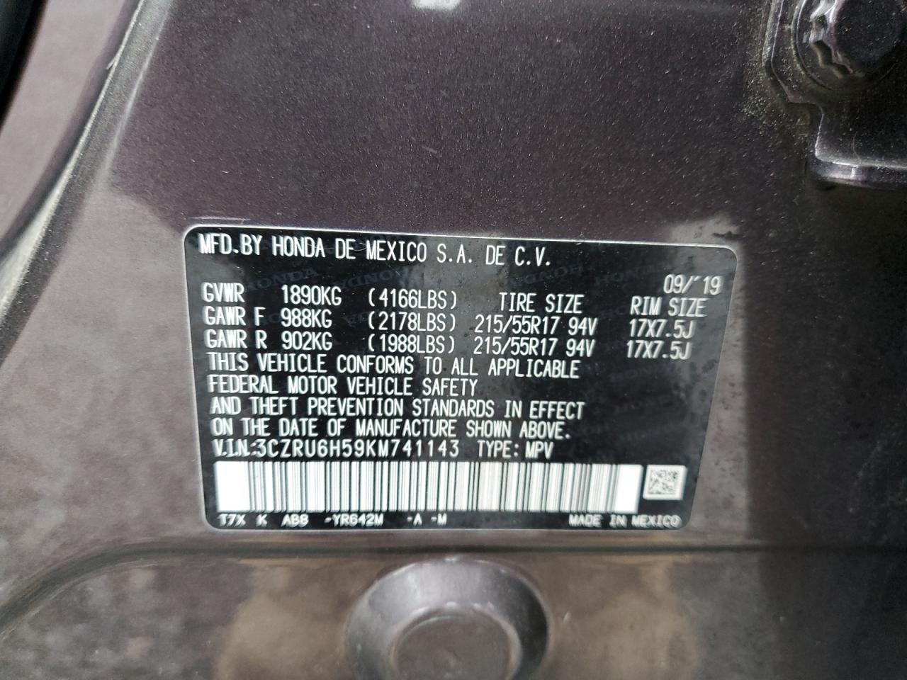 2019 Honda Hr-V Ex VIN: 3CZRU6H59KM741143 Lot: 55128925