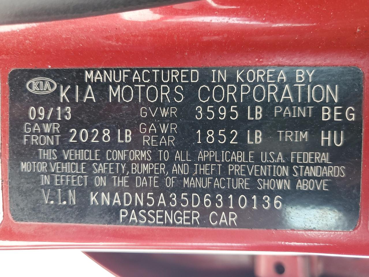 2013 Kia Rio Ex VIN: KNADN5A35D6310136 Lot: 57028085
