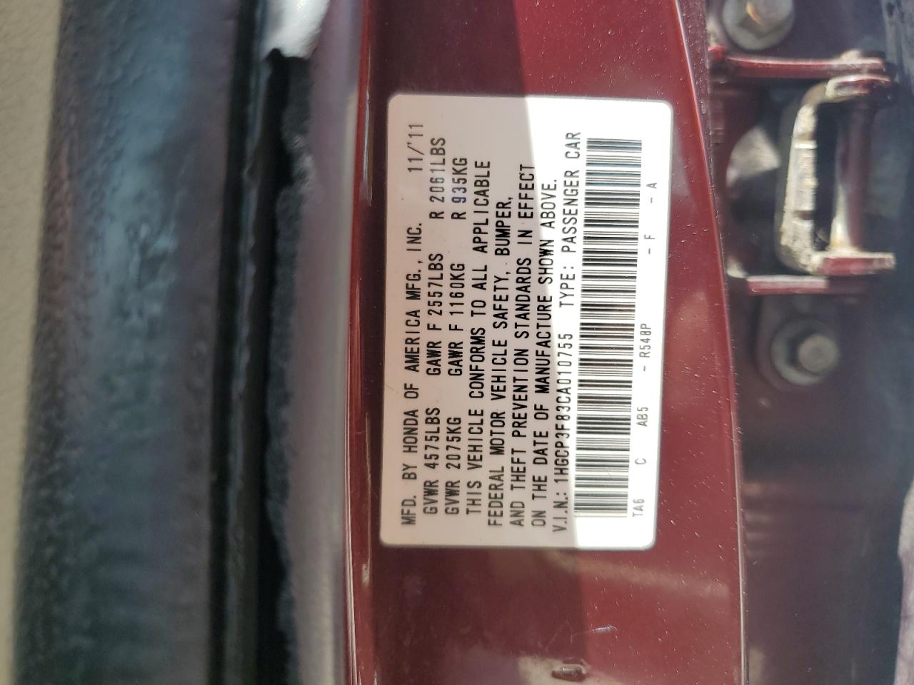 2012 Honda Accord Exl VIN: 1HGCP3F83CA010755 Lot: 57069565