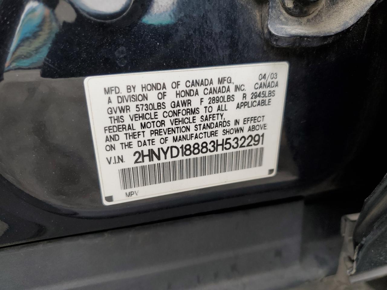 2003 Acura Mdx Touring VIN: 2HNYD18883H532291 Lot: 55997805