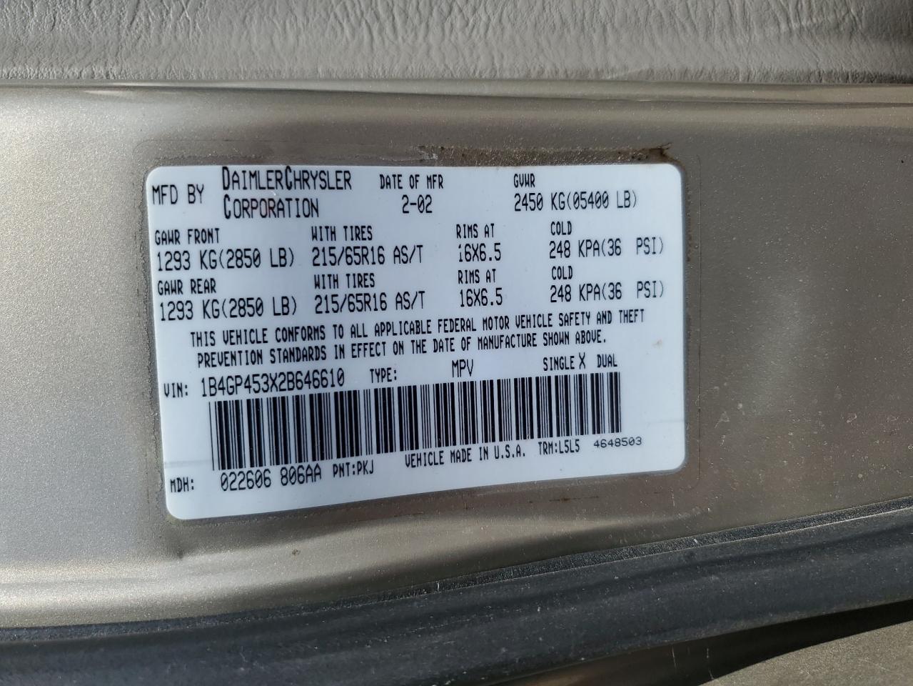 2002 Dodge Caravan Sport VIN: 1B4GP453X2B646610 Lot: 56537165