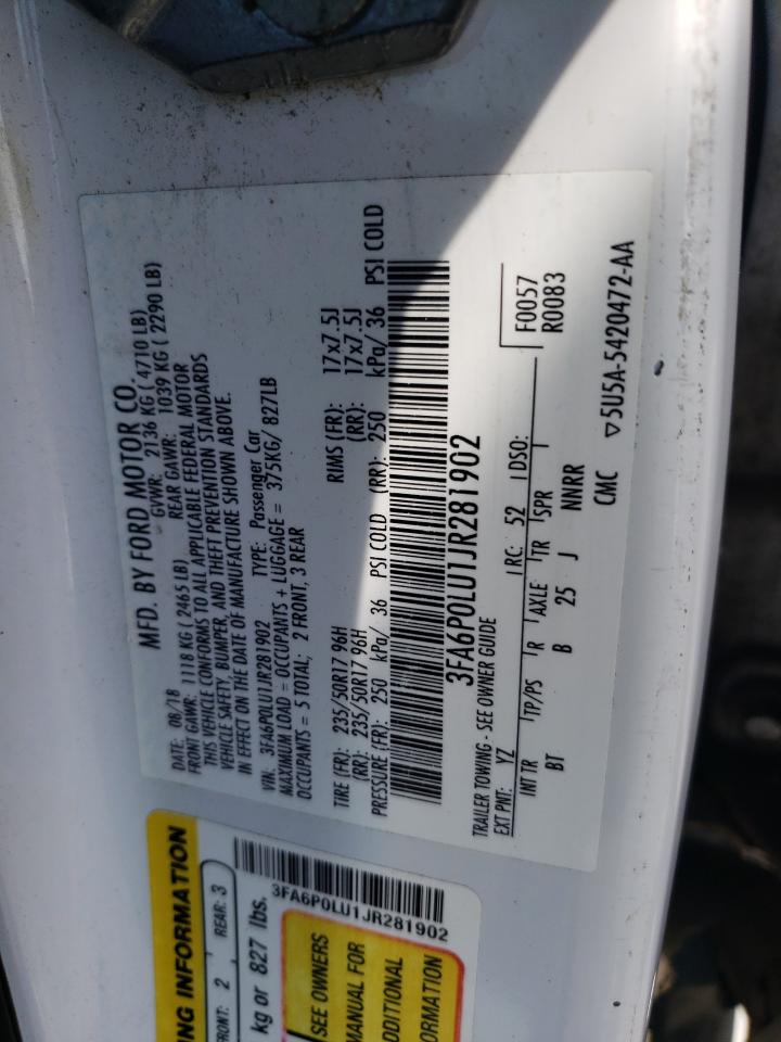 2018 Ford Fusion Se Hybrid VIN: 3FA6P0LU1JR281902 Lot: 54042865