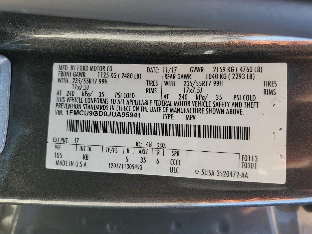 2018 Ford Escape Se VIN: 1FMCU9GD0JUA95941 Lot: 56606625