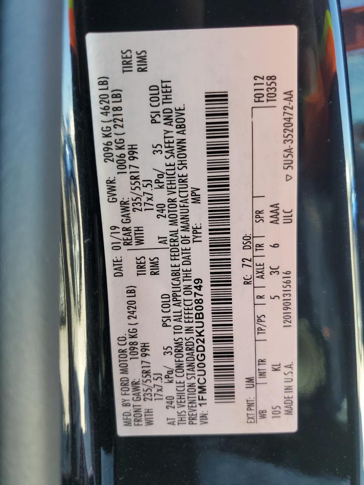 2019 Ford Escape Se VIN: 1FMCU0GD2KUB08749 Lot: 56902745
