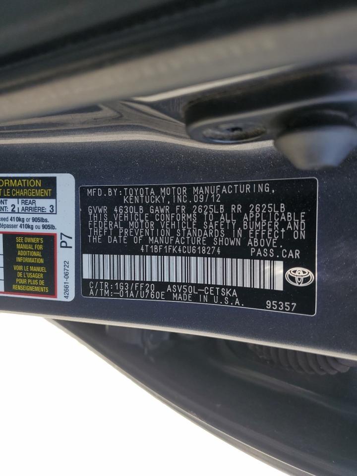 2012 Toyota Camry Base VIN: 4T1BF1FK4CU618274 Lot: 56064055