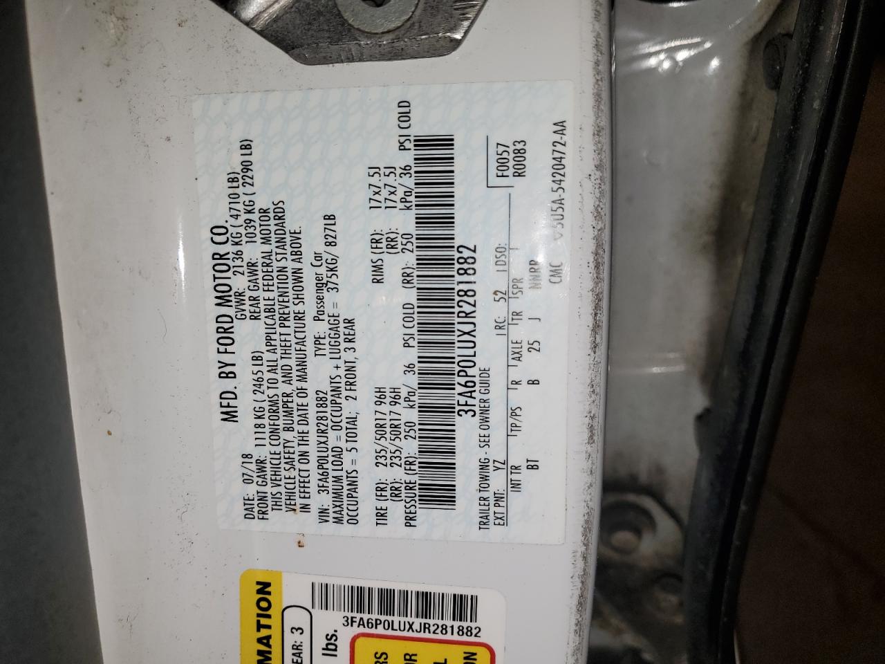 2018 Ford Fusion Se Hybrid VIN: 3FA6P0LUXJR281882 Lot: 55084815