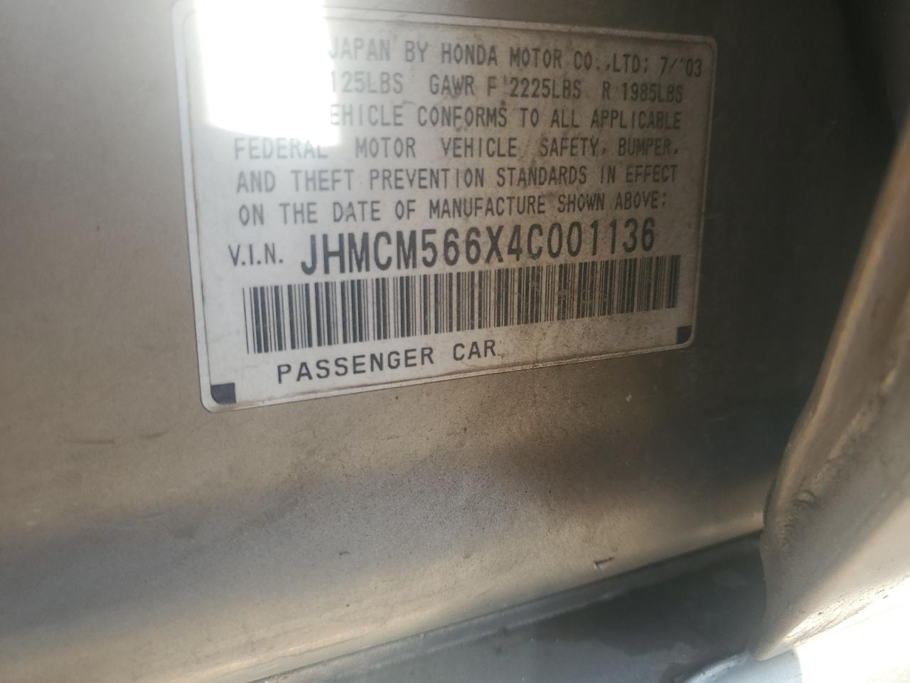 2004 Honda Accord Ex VIN: JHMCM566X4C001136 Lot: 56208025