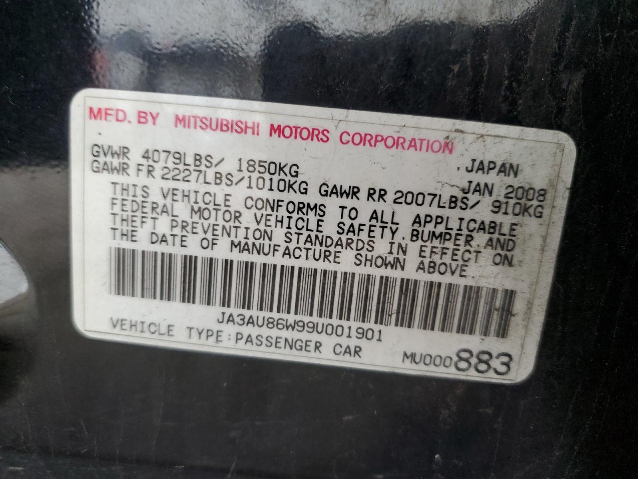 2009 Mitsubishi Lancer Gts VIN: JA3AU86W99U001901 Lot: 56658155