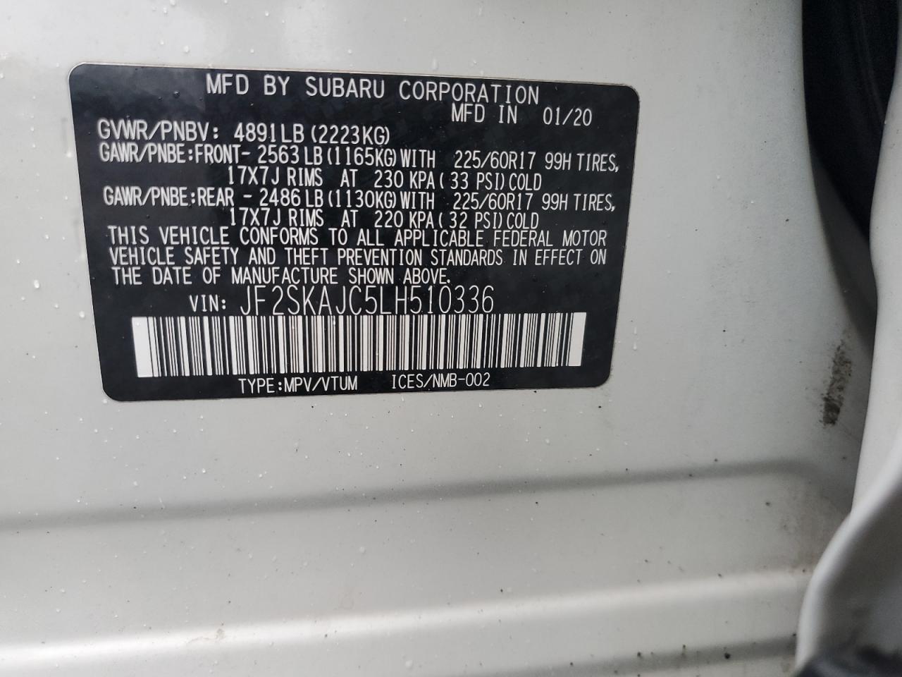 2020 Subaru Forester Premium VIN: JF2SKAJC5LH510336 Lot: 57795455