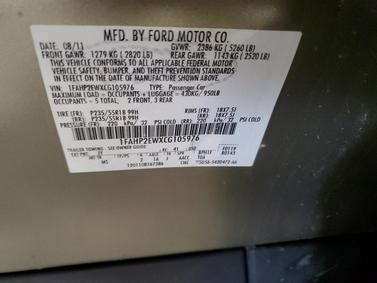 2012 Ford Taurus Sel VIN: 1FAHP2EWXCG105976 Lot: 58173325
