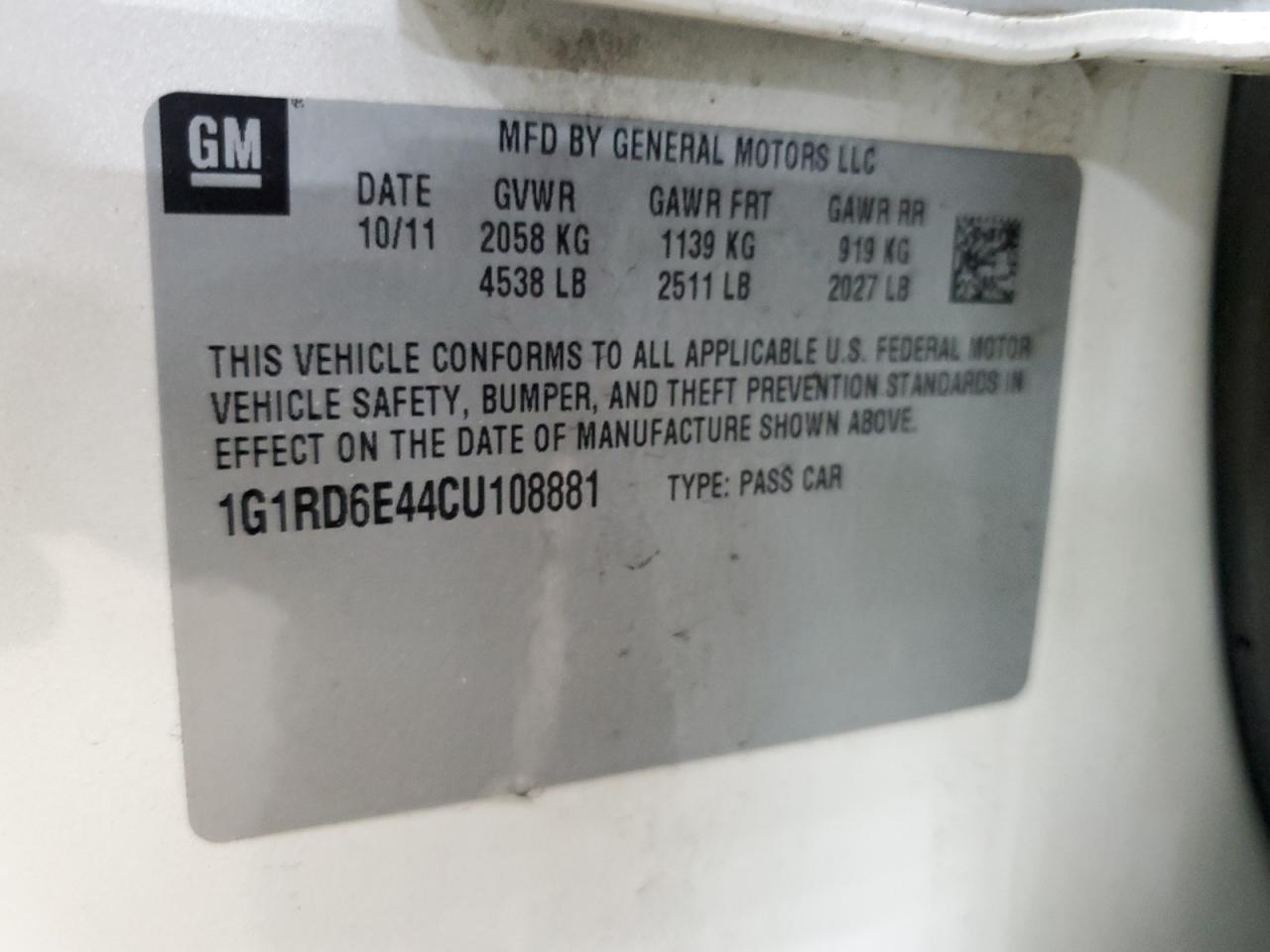 2012 Chevrolet Volt VIN: 1G1RD6E44CU108881 Lot: 56422565