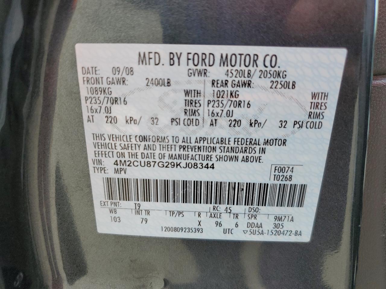 2009 Mercury Mariner Premier VIN: 4M2CU87G29KJ08344 Lot: 57113485