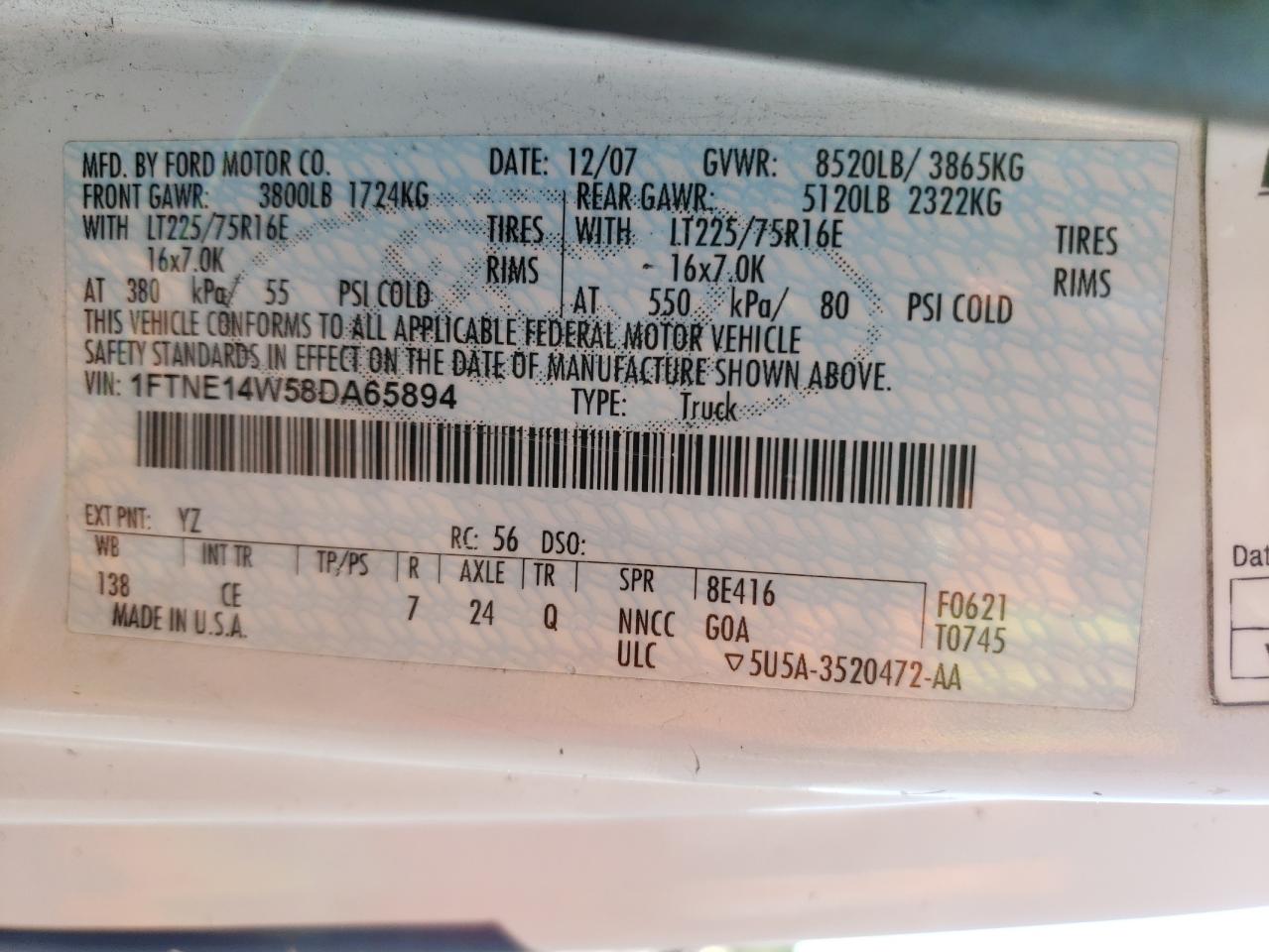 2008 Ford Econoline E150 Van VIN: 1FTNE14W58DA65894 Lot: 55408245