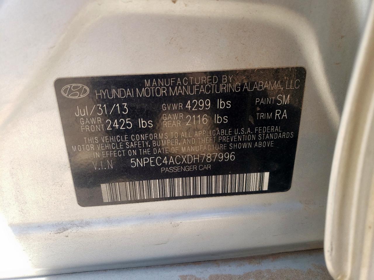 2013 Hyundai Sonata Se VIN: 5NPEC4ACXDH787996 Lot: 57359105