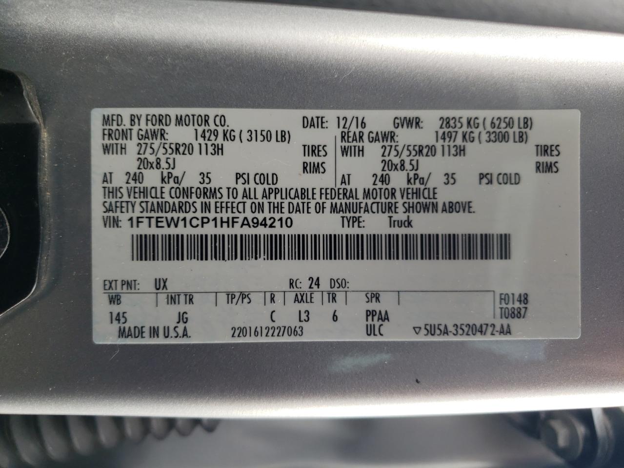 2017 Ford F150 Supercrew VIN: 1FTEW1CP1HFA94210 Lot: 56214295
